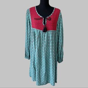 Elegant Long Sleeve Dress with Red and Blue Pattern